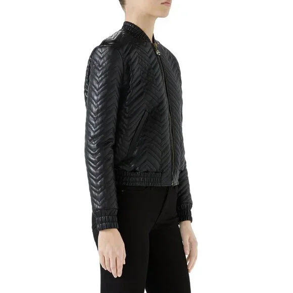 GUCCI JACKET QUILTED BLACK LEATHER BOMBER TIGER CHARM PULL sz IT 38 US 2 - Picture 4 of 15